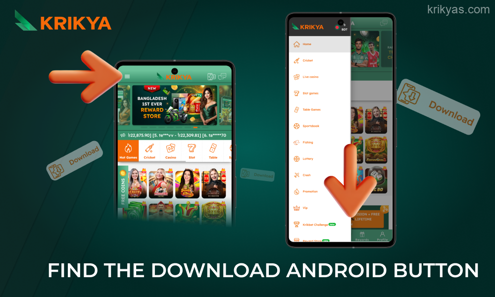 In the site menu you need to find the download button for the installation file of the Krikya mobile application for Android smartphones