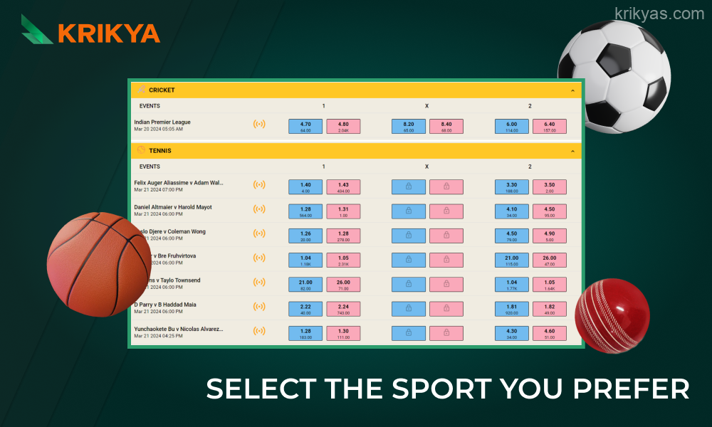 To place a bet in Krikya, you first need to select a sports discipline