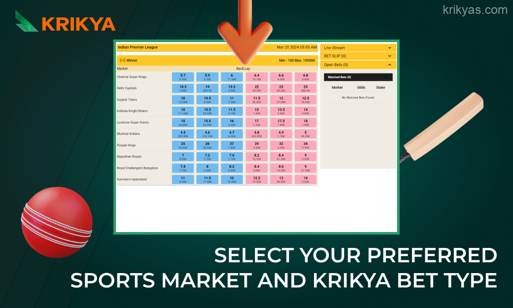 Bettors can choose any available sports market and bet type in Krikya