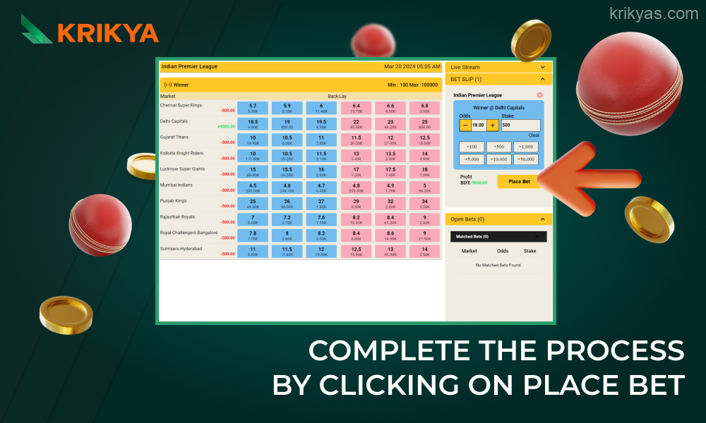 Click on the Place Bet button to place a sports bet at Krikya