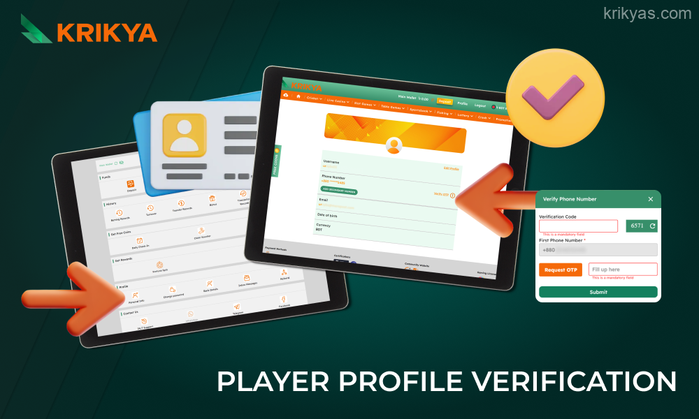 Krikya users from Bangladesh need to verify their account using their phone number to make deposits and withdraw winnings