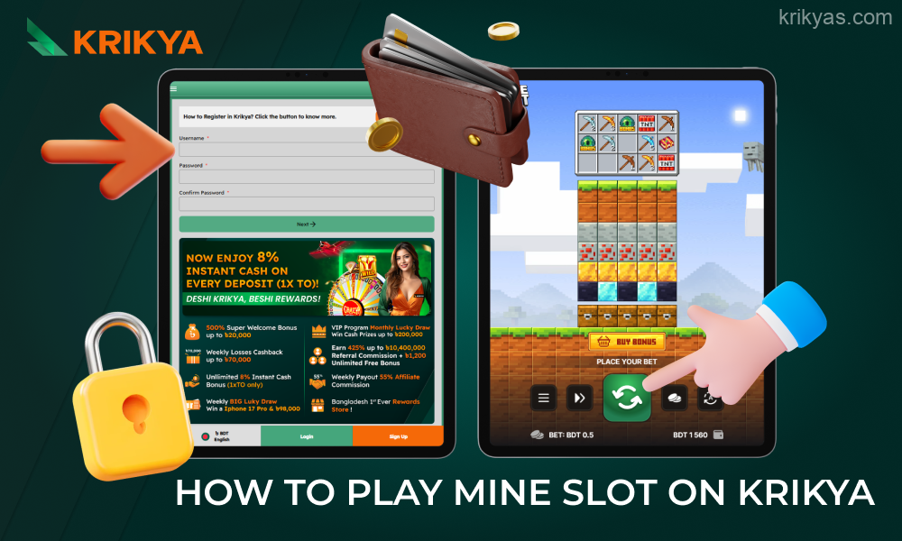 To play Mine Slot on Krikya, you need to create an account, deposit funds, and place a bet